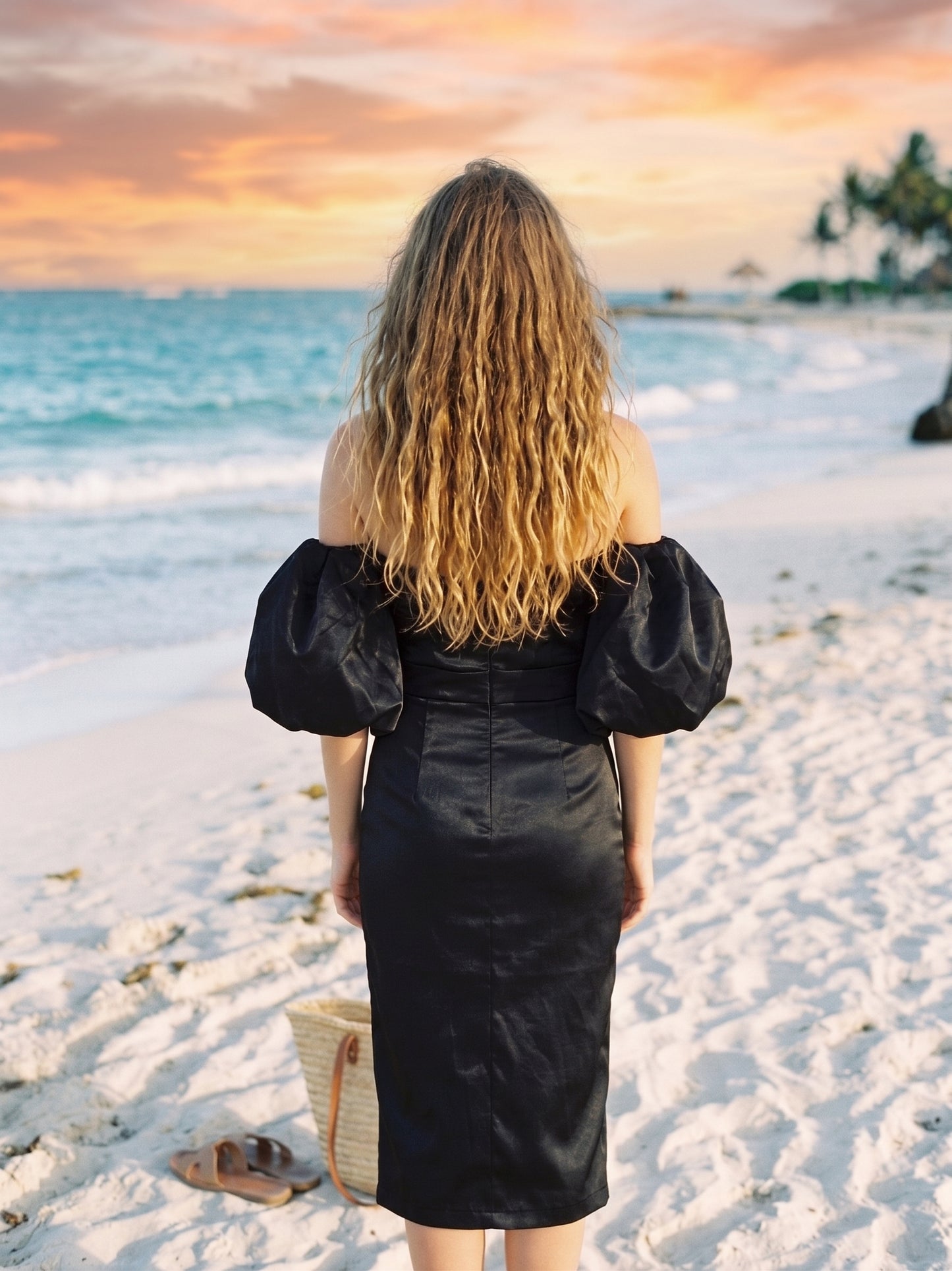 Black Satin Off-Shoulder Puff Sleeve Midi Dress