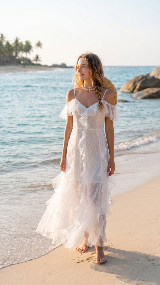 White Ruffle Beach Maxi Dress