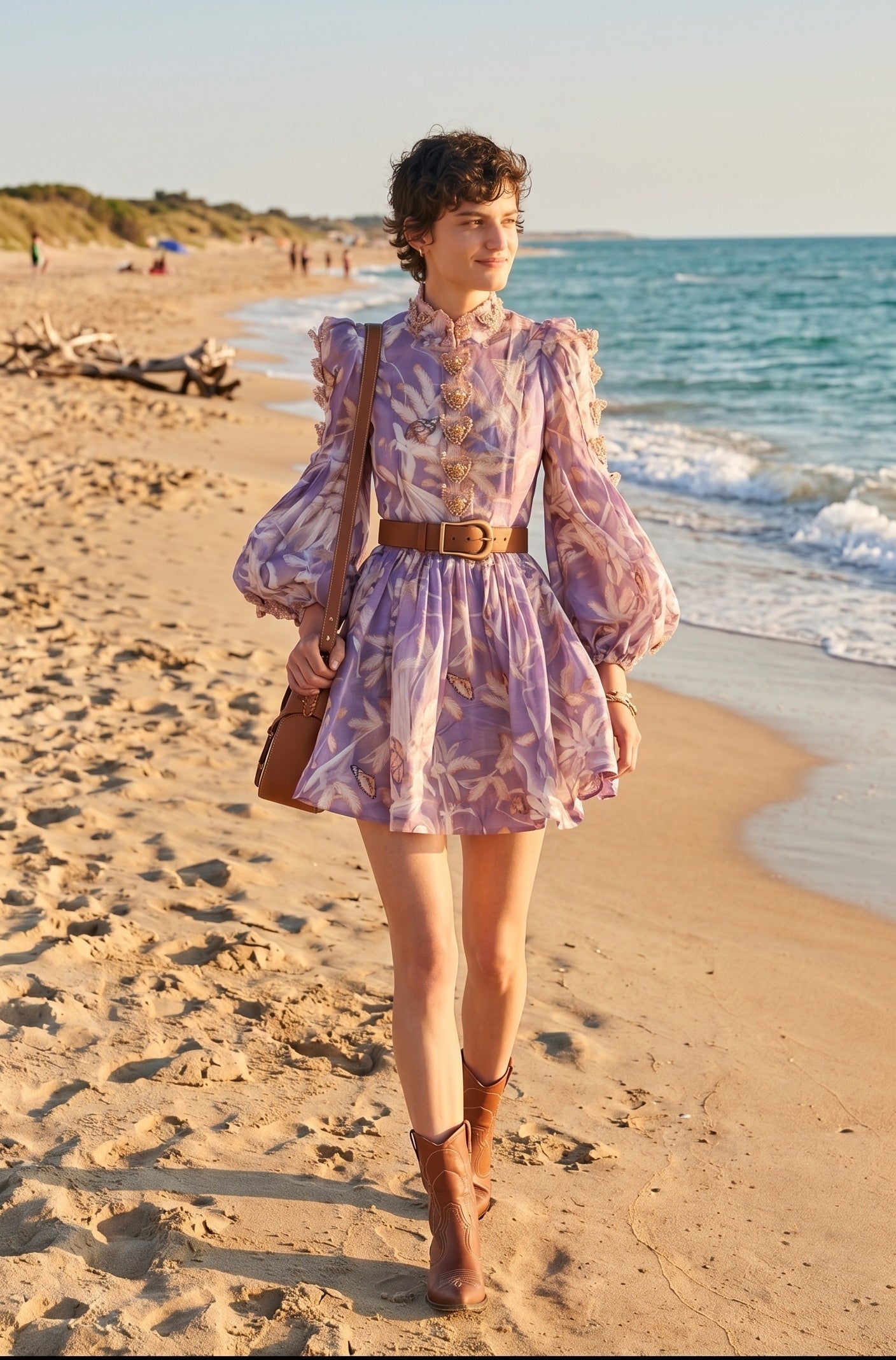 Lavender Floral Print Chiffon Mini Dress with Balloon Sleeves