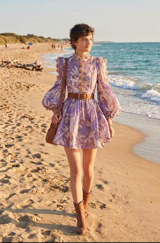 Lavender Floral Print Chiffon Mini Dress with Balloon Sleeves