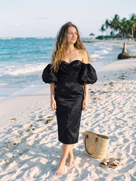 Black Satin Off-Shoulder Puff Sleeve Midi Dress